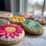 Close-up of brightly decorated sugar cookies featuring flower designs made with sugar cookie icing that hardens.