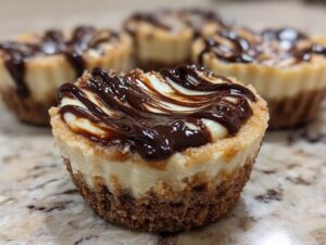 A close-up of a single cookie butter cheesecake cup topped with a rich chocolate drizzle, with more cups blurred in the background.