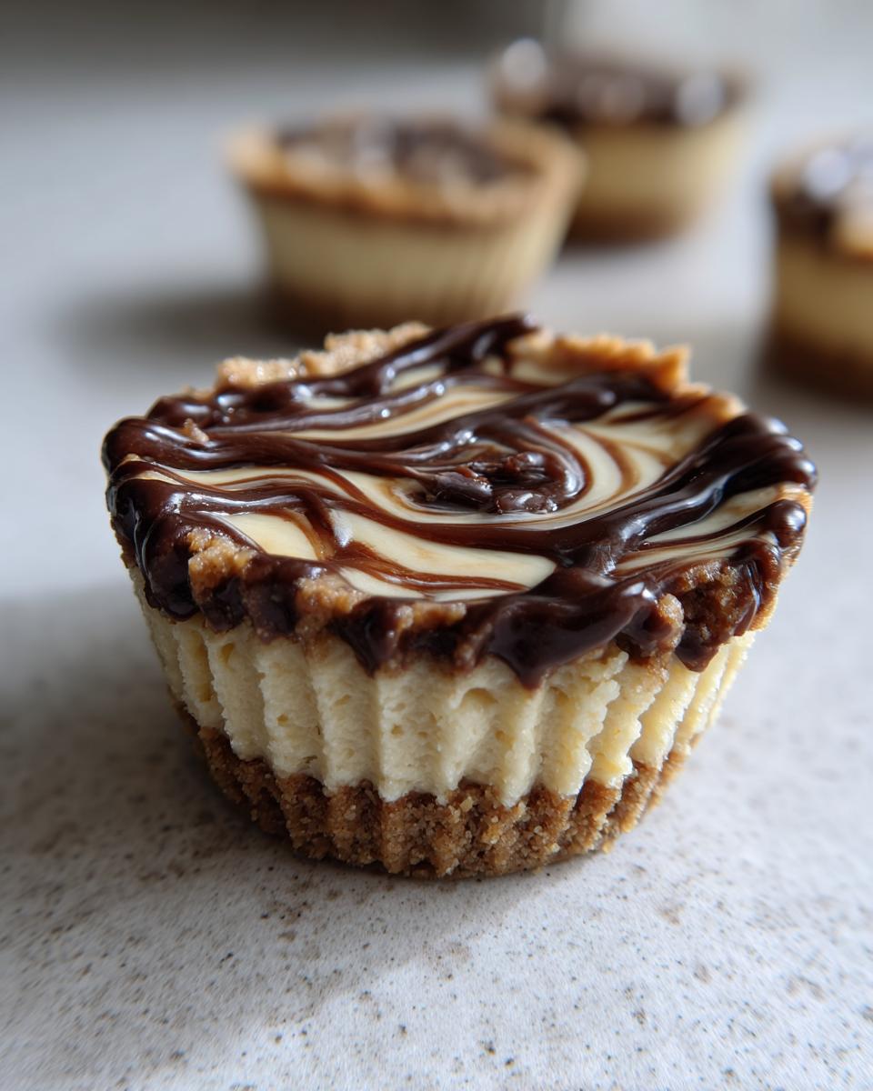 A single, decadent cookie butter cheesecake cup topped with a chocolate swirl, with more cups blurred in the background.