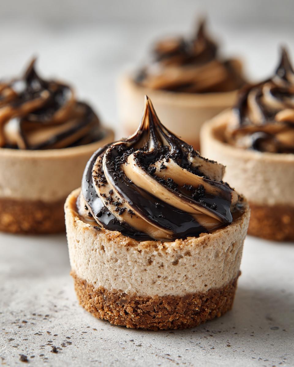 A close-up of one of the decadent cookie butter cheesecake cups, topped with a swirl of cookie butter frosting, chocolate drizzle, and crumbs.