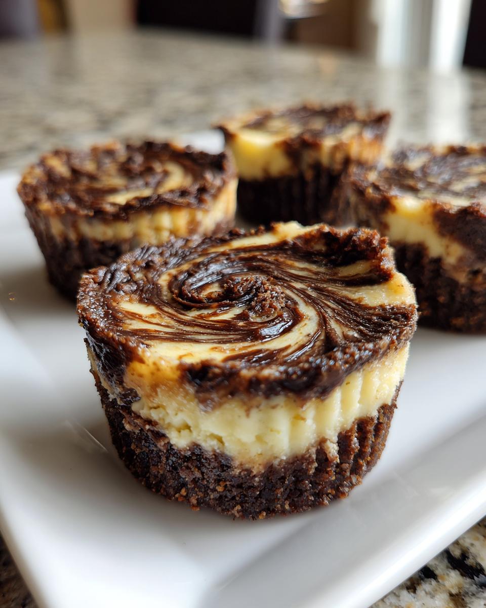 Close-up of four mini cookie butter cheesecake cups with a dark chocolate swirl topping on a white serving plate.
