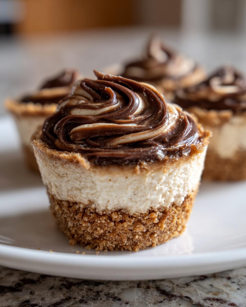 A close-up of one cookie butter cheesecake cup showing the graham cracker crust, creamy filling, and swirled chocolate and cookie butter topping.