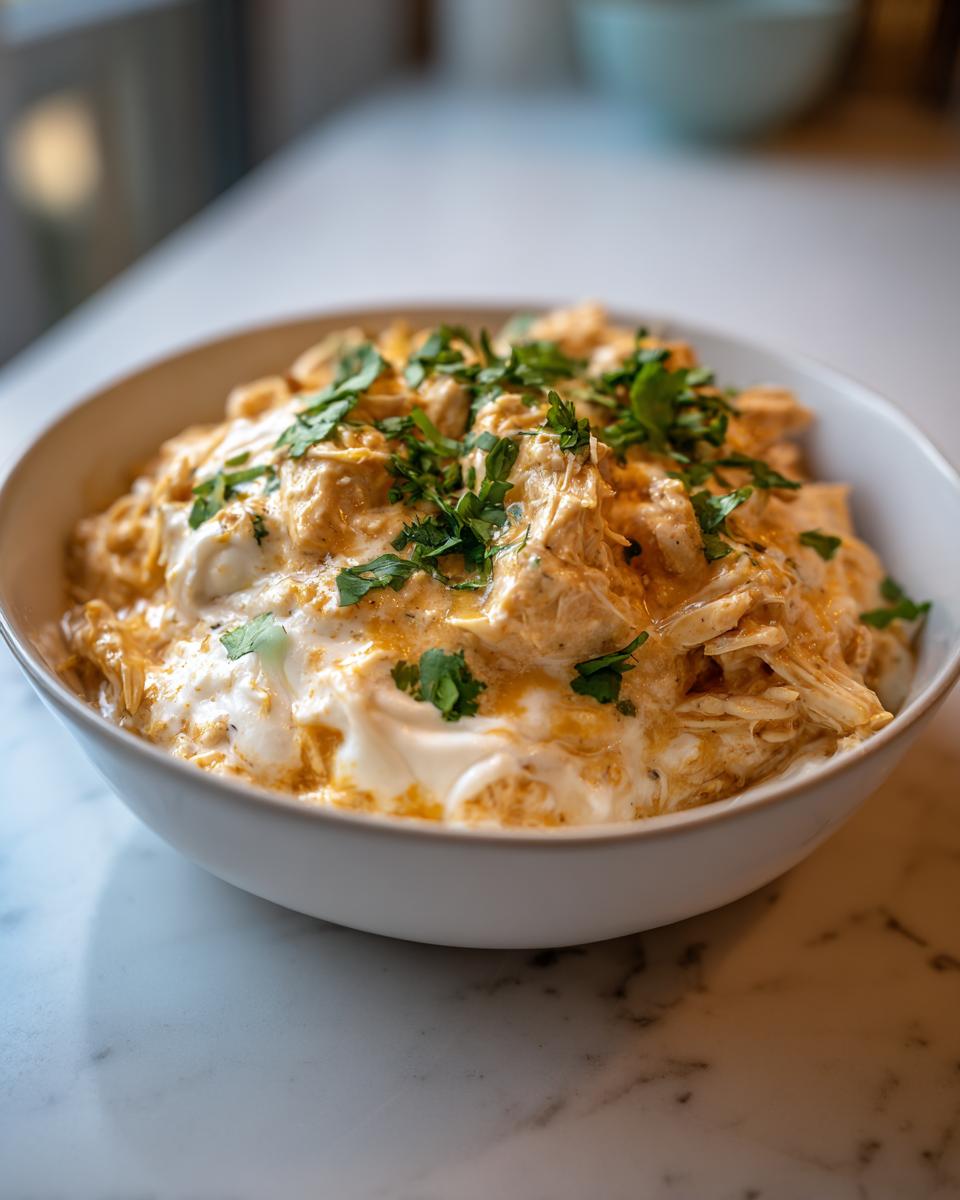 A white bowl filled with creamy, shredded cream cheese chicken chili, garnished with fresh chopped cilantro or parsley.