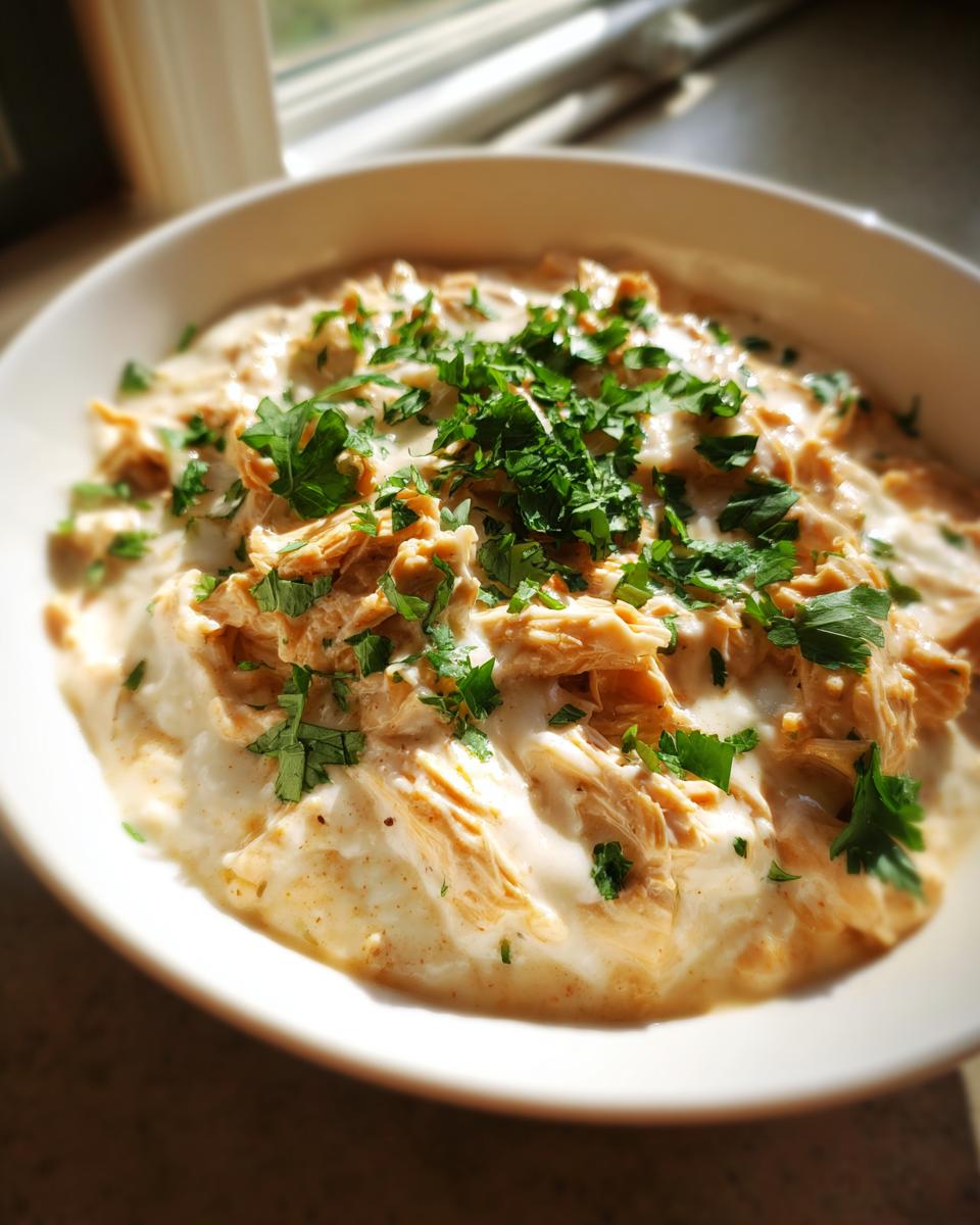 Close-up of a white bowl filled with rich cream cheese chicken chili, topped generously with fresh chopped parsley.