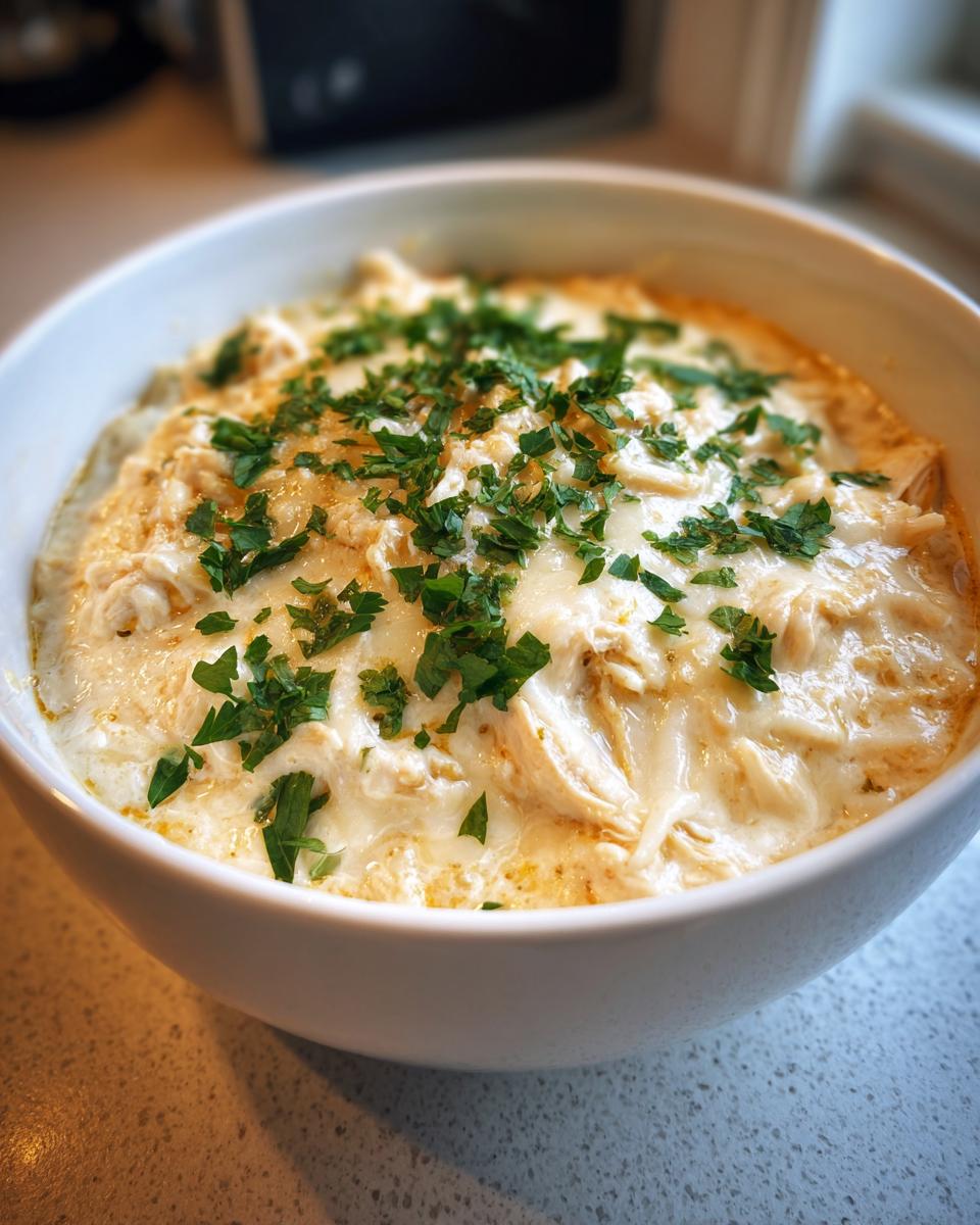 A close-up of a white bowl filled with rich, creamy cream cheese chicken chili, topped with fresh chopped parsley.