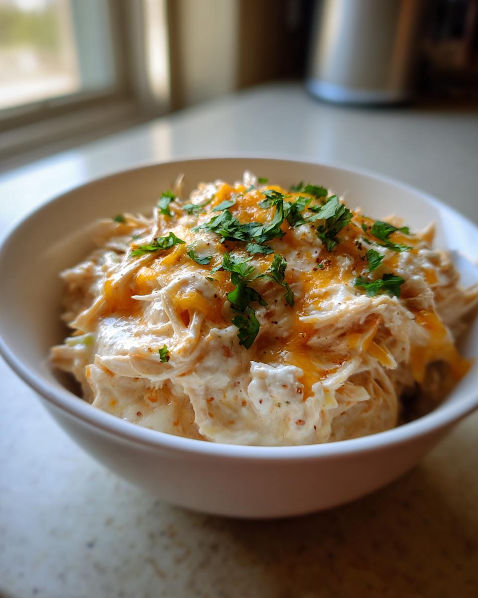 A white bowl filled with creamy, shredded cream cheese chicken chili, topped with melted cheddar cheese and fresh parsley.