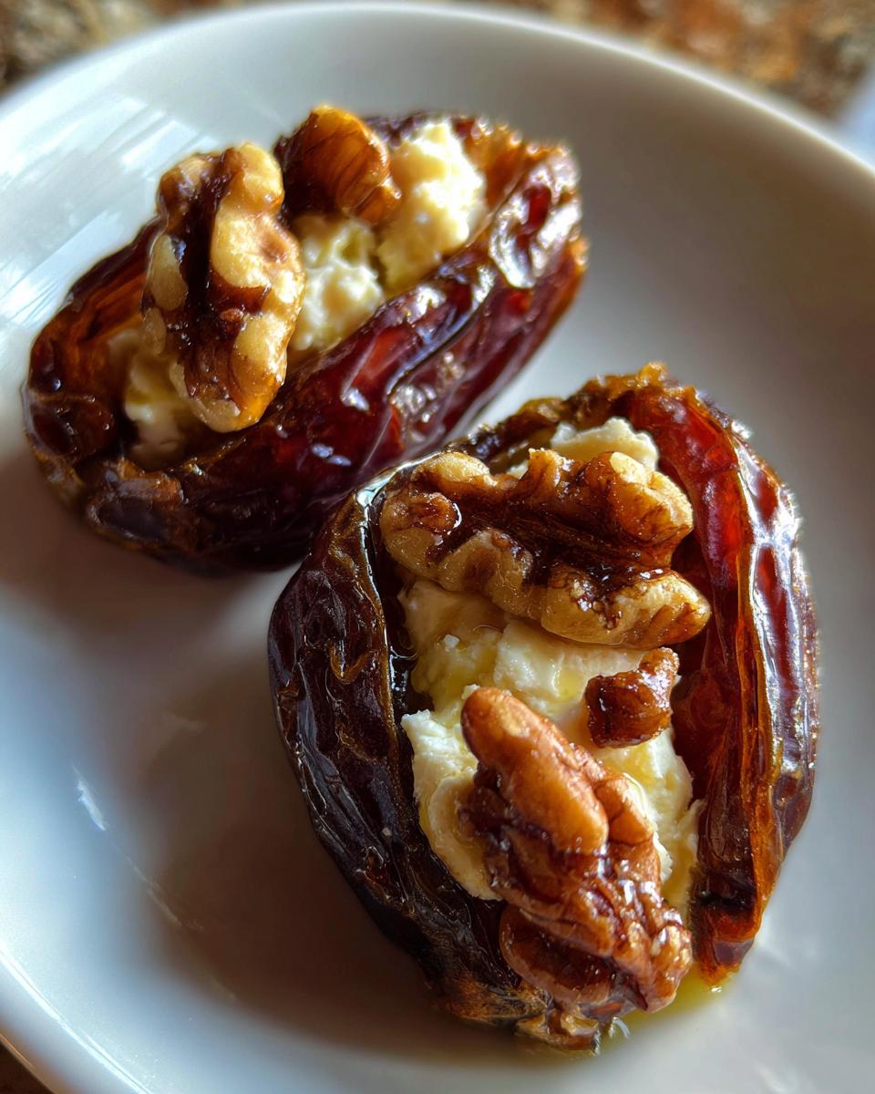 Close-up of two sweet stuffed dates filled with cream cheese and topped with a walnut half.