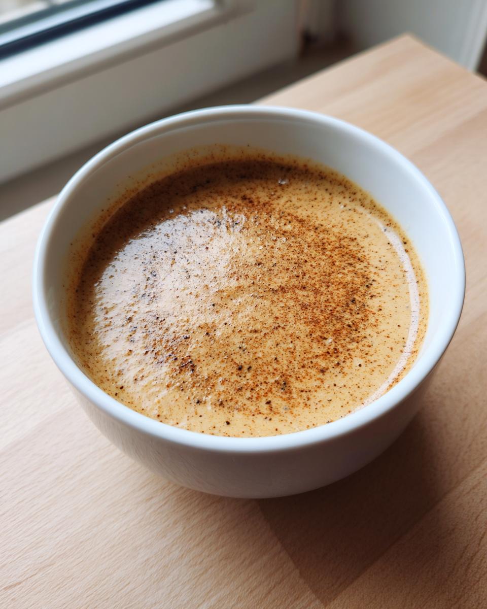 Close-up of a creamy, spiced beverage in a white bowl, which is being used to represent roasted cauliflower soup.