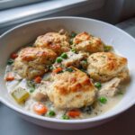 A white bowl filled with creamy chicken and dumplings with biscuits, featuring carrots and peas.