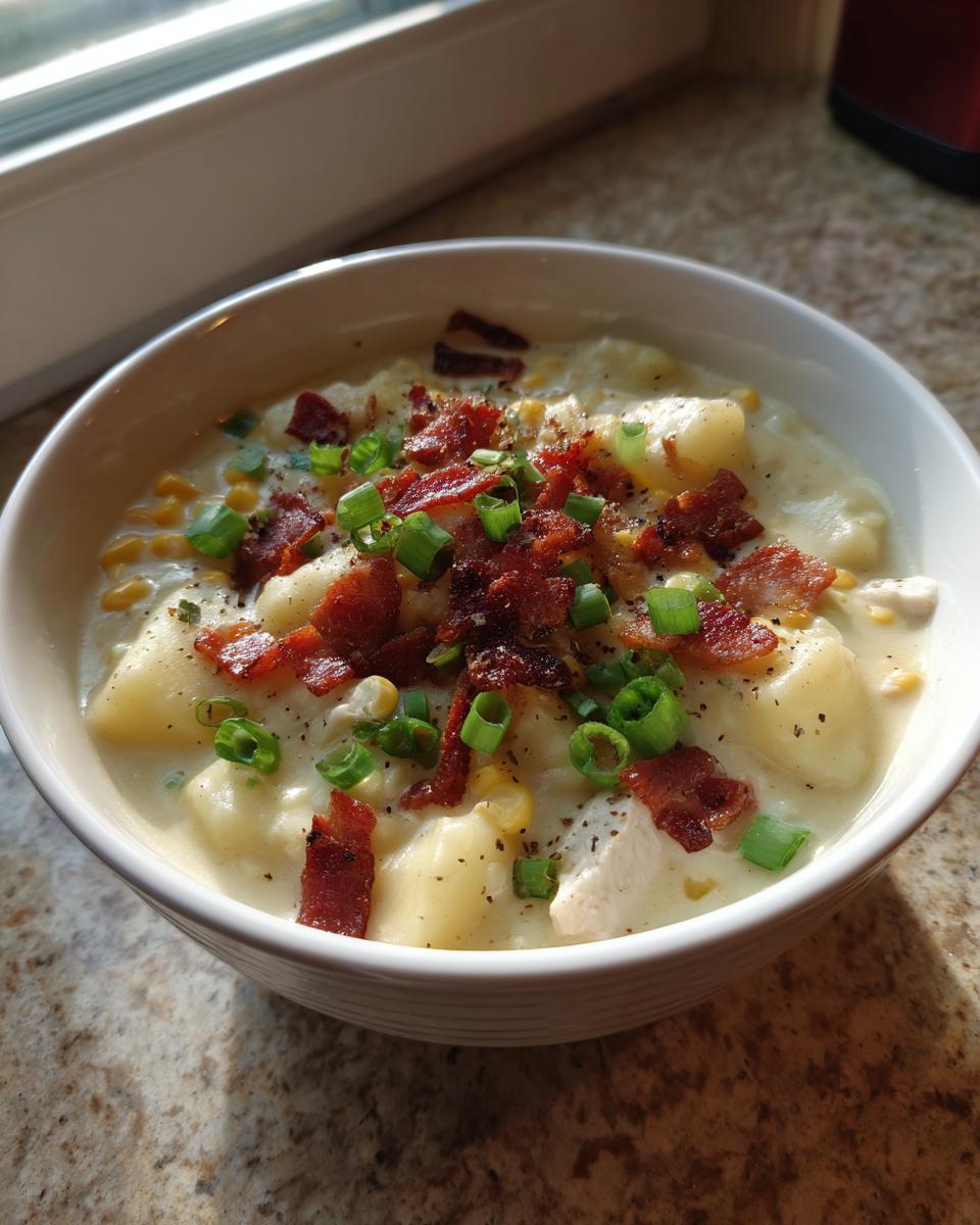 A close-up of a creamy bowl of chicken corn chowder topped generously with bacon crumbles and sliced green onions.