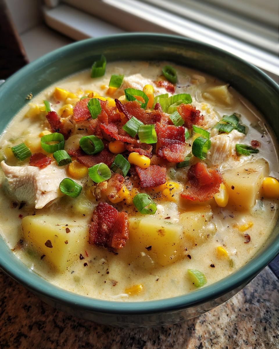 A close-up view of a bowl of creamy chicken corn chowder, topped generously with crumbled bacon and chopped green onions.