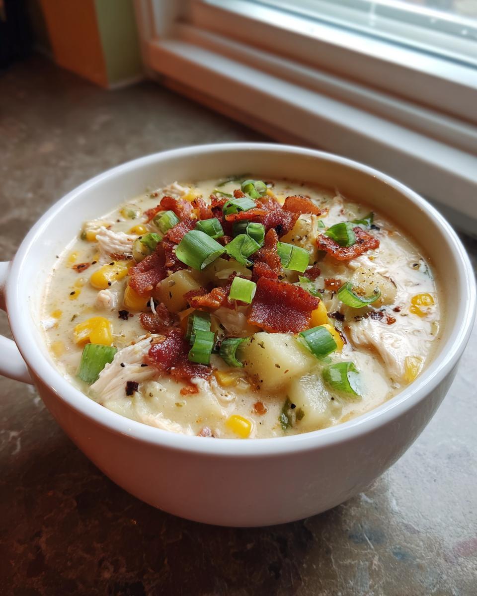 A close-up of a creamy bowl of chicken corn chowder topped with bacon, green onions, and potatoes.