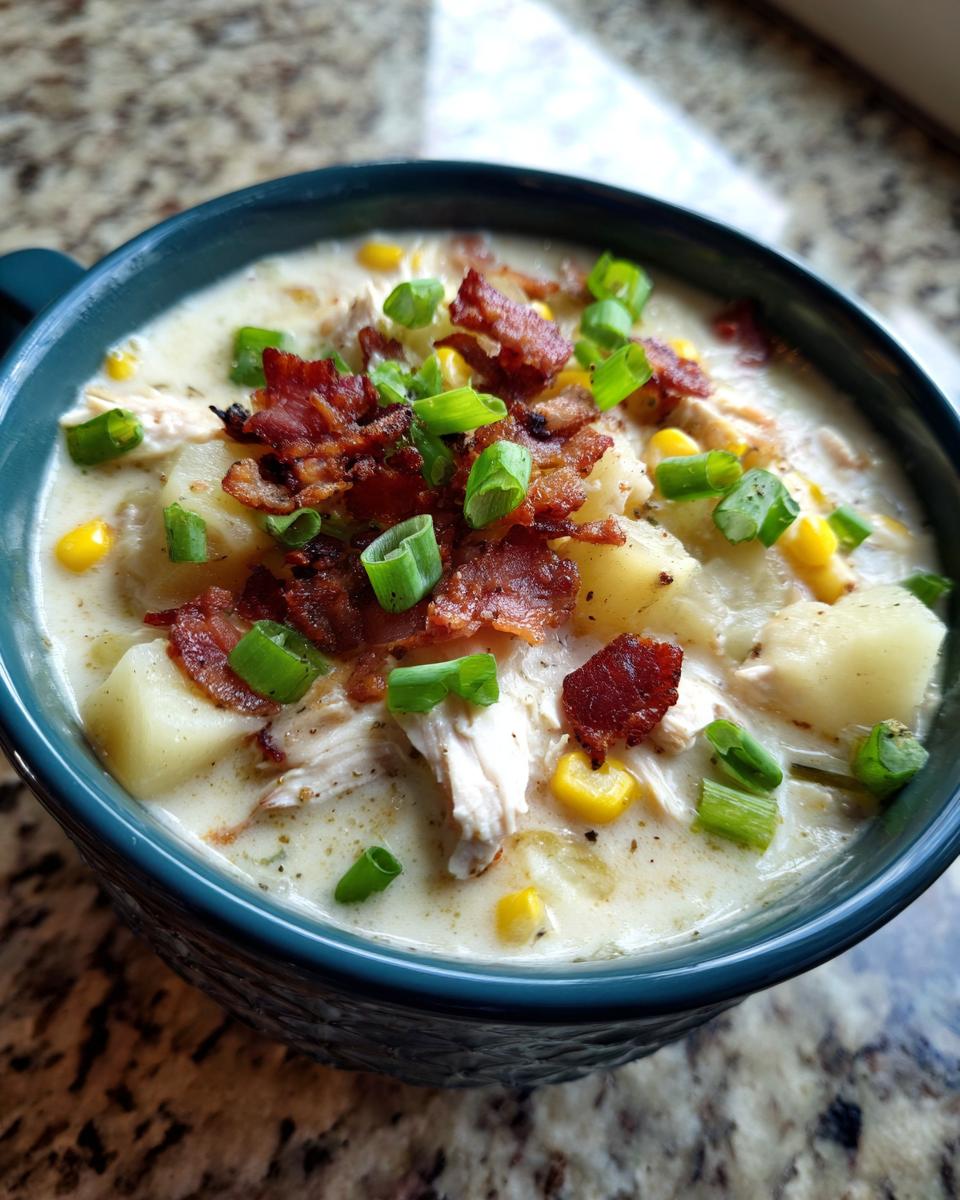 Close-up of a hearty bowl of chicken corn chowder, featuring chunks of potato, corn, and shredded chicken, topped with bacon bits and green onions.