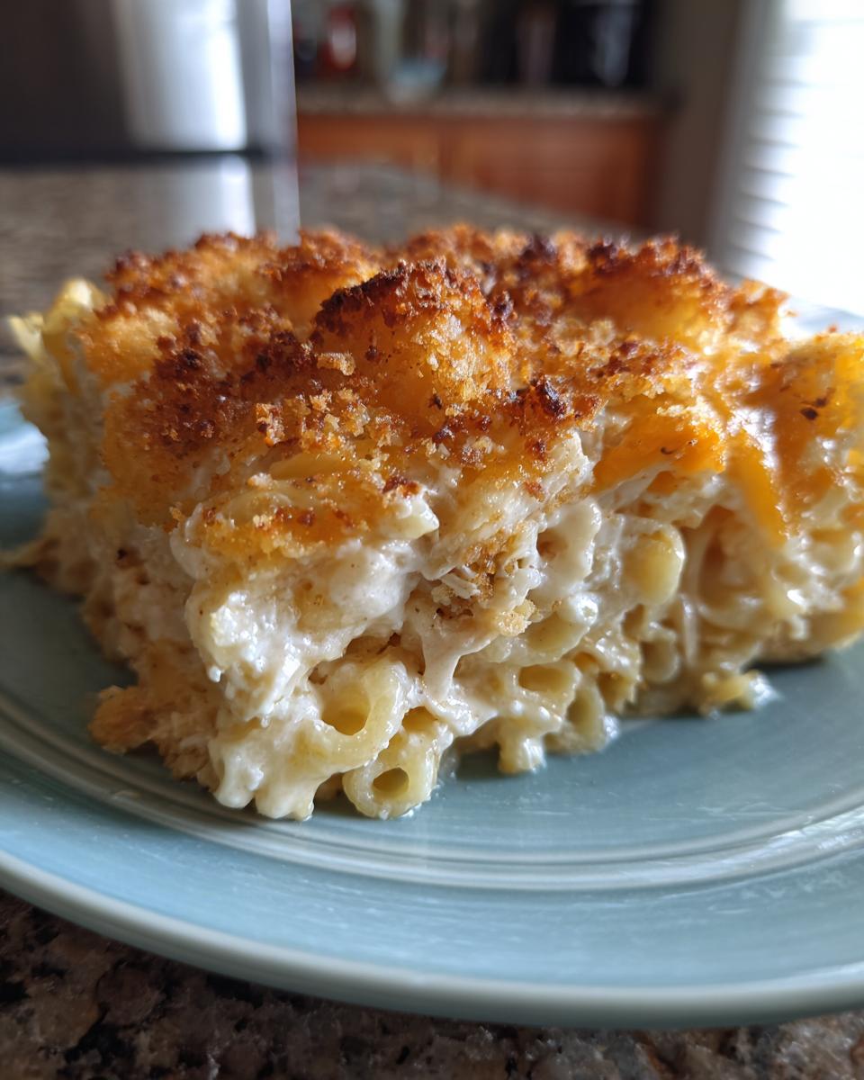 A close-up slice of creamy chicken noodle casserole with a golden, crispy breadcrumb topping, served on a light blue plate.