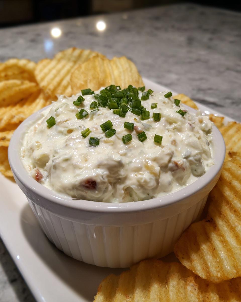 A white bowl filled with creamy clam dip, garnished with fresh chives, surrounded by ruffled potato chips.
