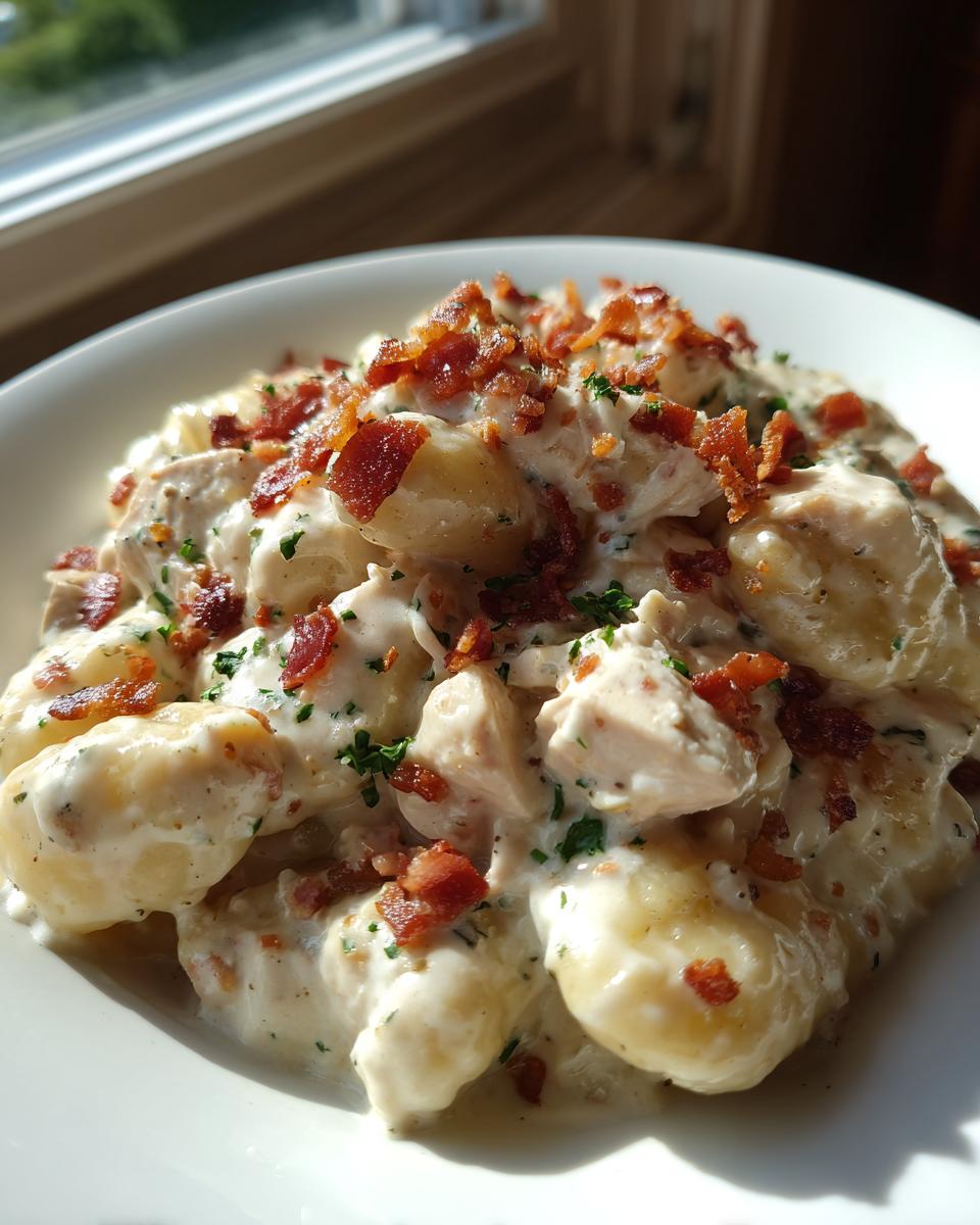 A close-up serving of creamy crack chicken gnocchi, coated in a rich white sauce and topped generously with crumbled bacon and parsley.