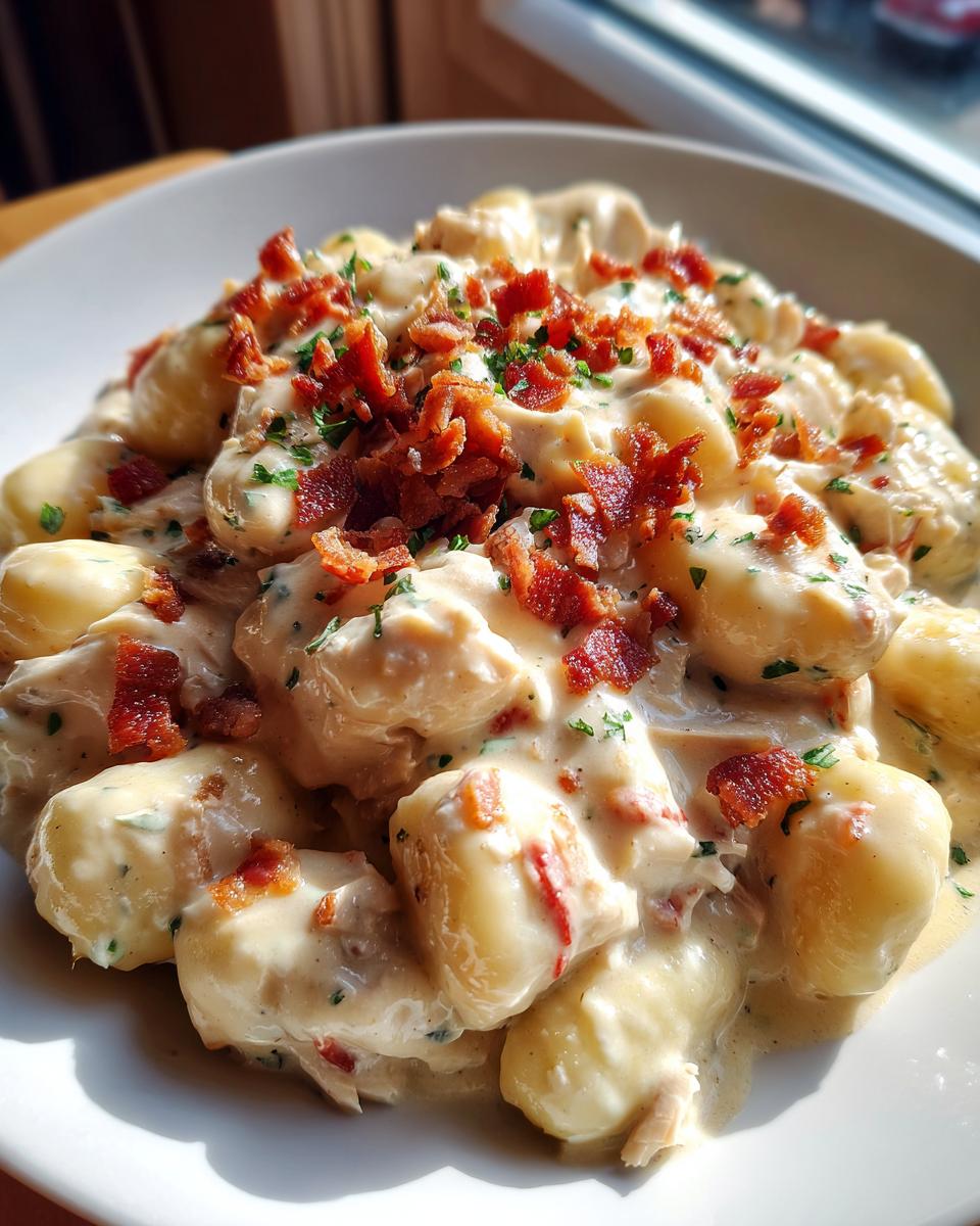 Close-up of a bowl of creamy crack chicken gnocchi topped generously with crispy bacon bits and fresh parsley.