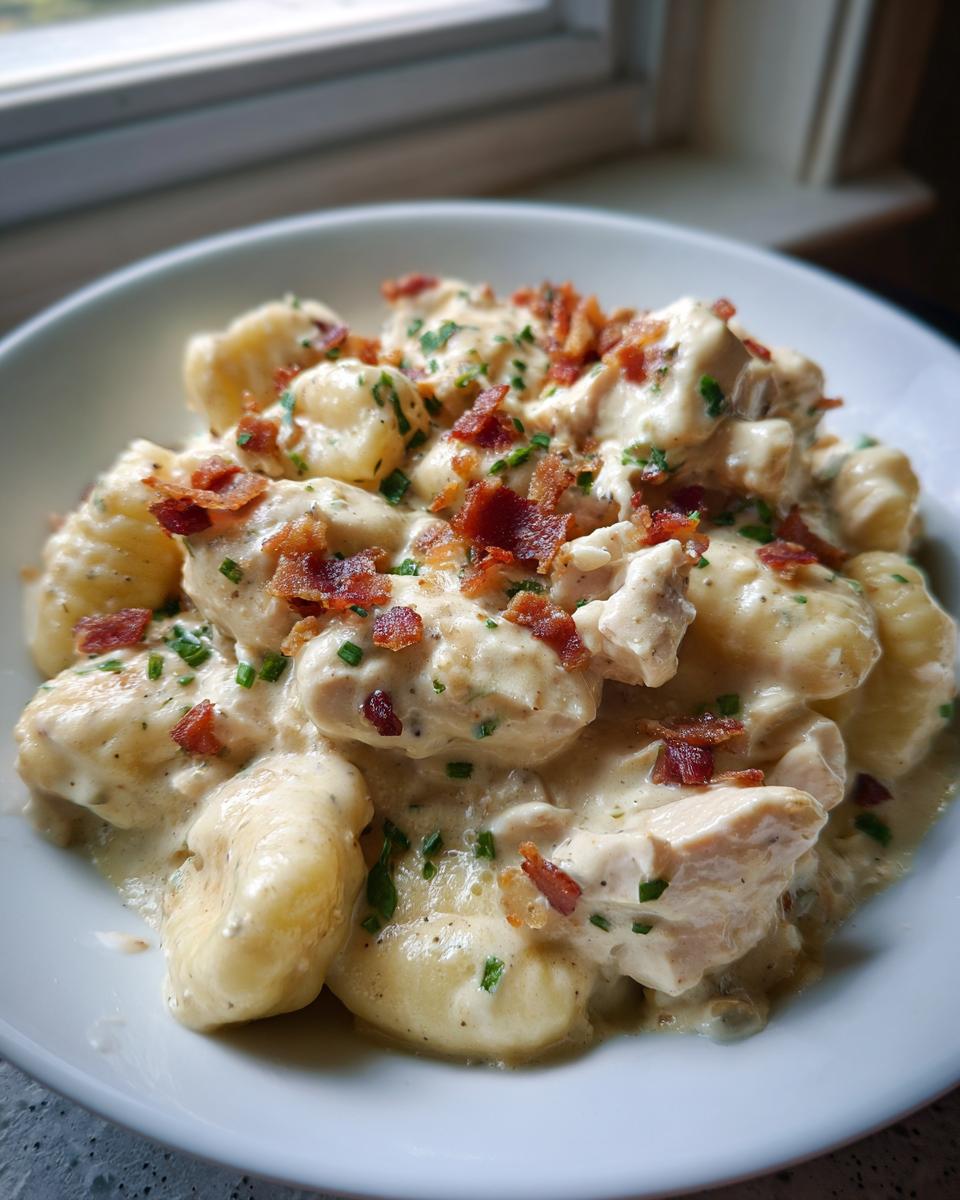 A close-up of creamy crack chicken gnocchi tossed in a rich sauce and topped with crumbled bacon and chives.