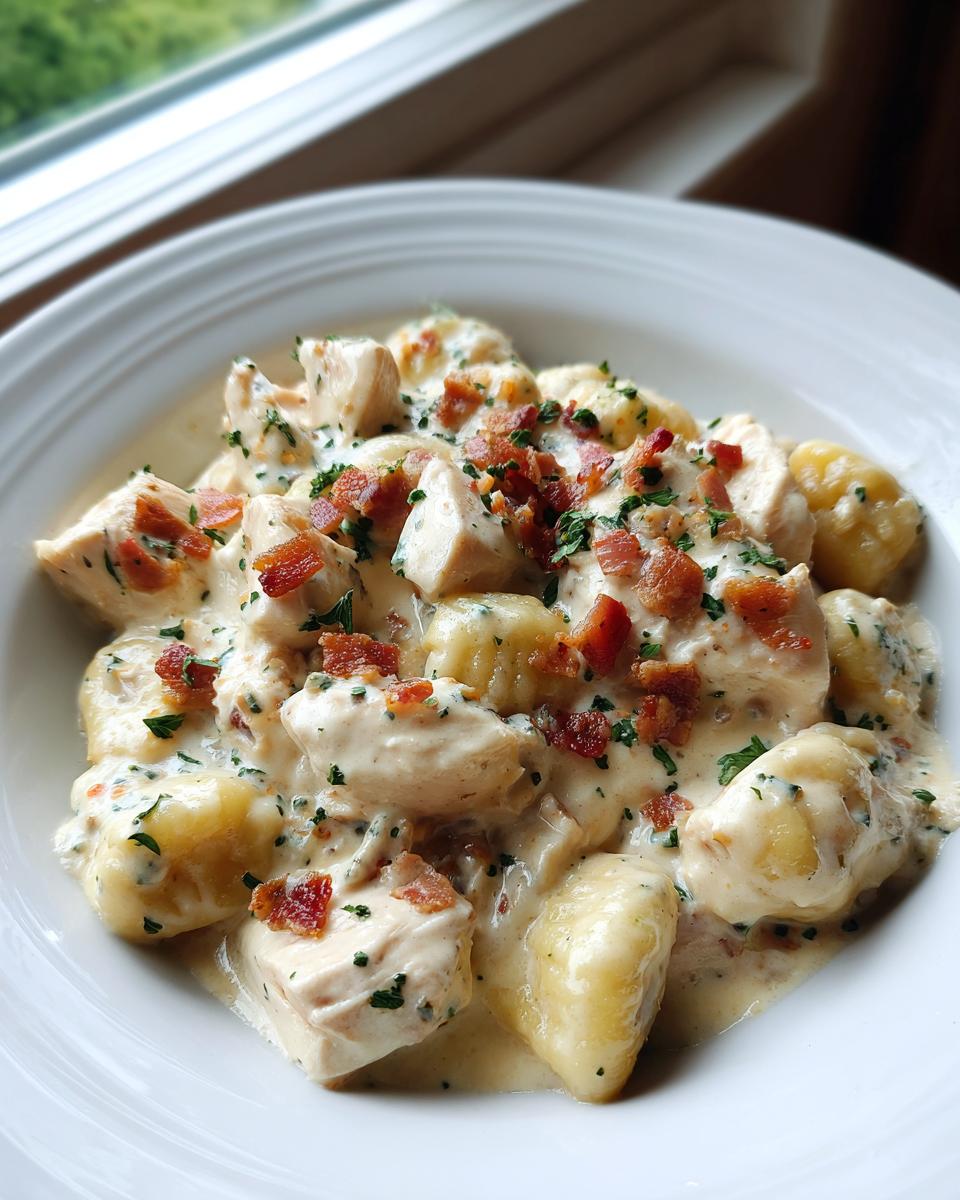 A close-up of creamy crack chicken gnocchi in a white bowl, topped with bacon bits and parsley.