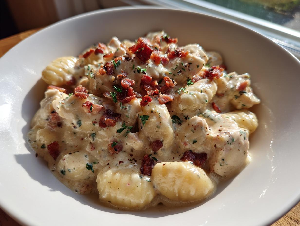 A close-up of creamy crack chicken gnocchi topped with crumbled bacon and herbs in a white bowl.