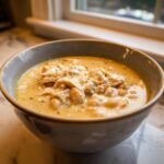 A close-up of a bowl filled with creamy crockpot white chicken chili, topped with shredded chicken and herbs.