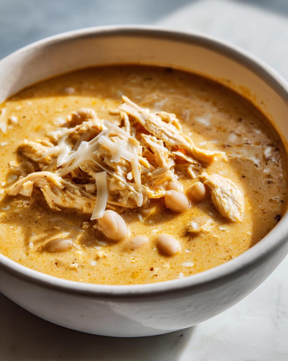 Close-up of a bowl of creamy crockpot white chicken chili topped with shredded chicken, white beans, and cheese.