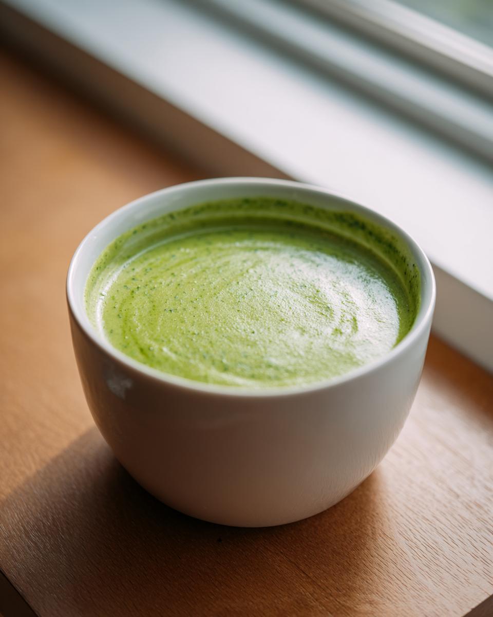 Close-up of a bowl of vibrant green zucchini soup with a slight froth on top, sitting on a wooden surface.