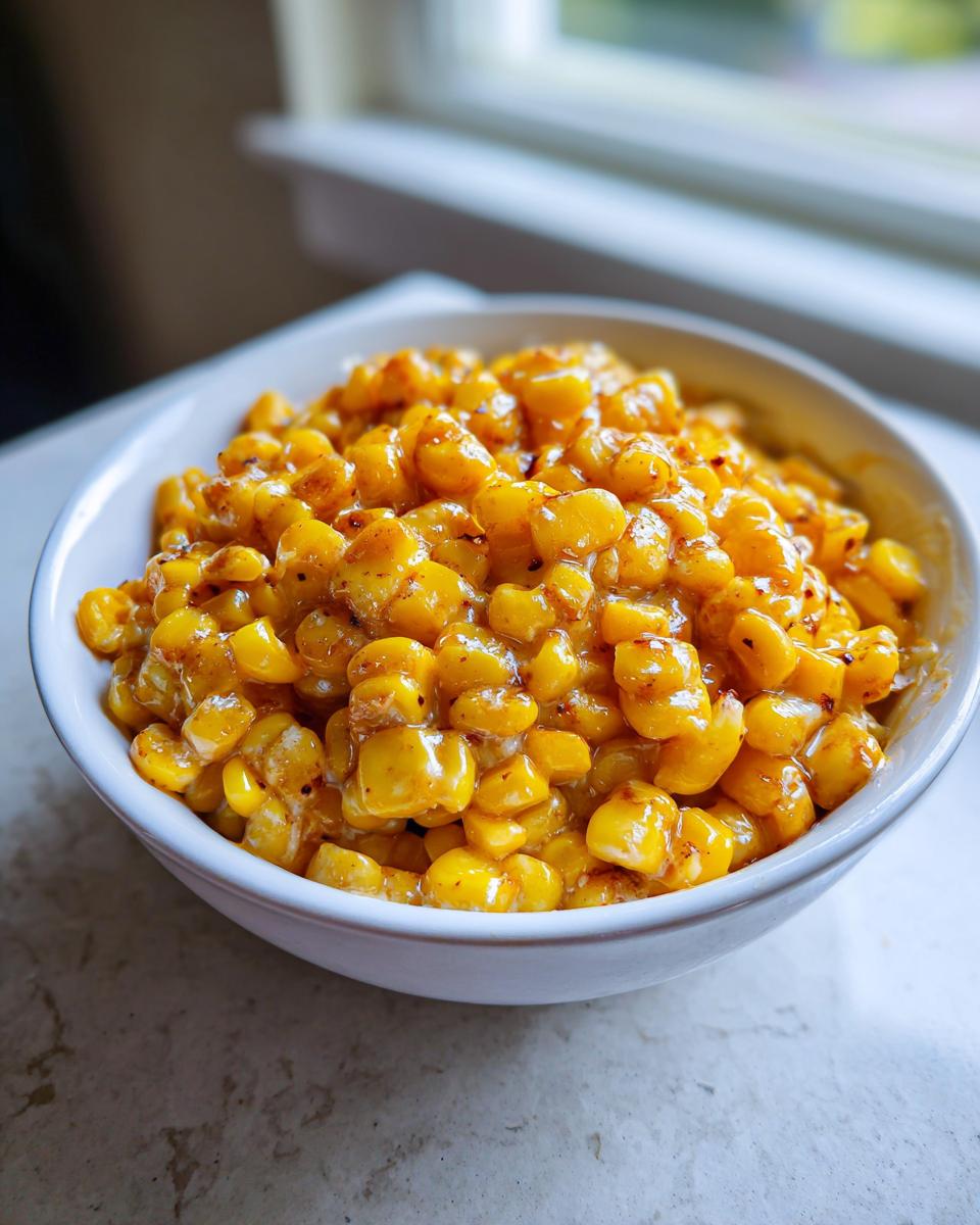 Close-up of a white bowl filled with creamy honey butter corn kernels, glistening under natural light.