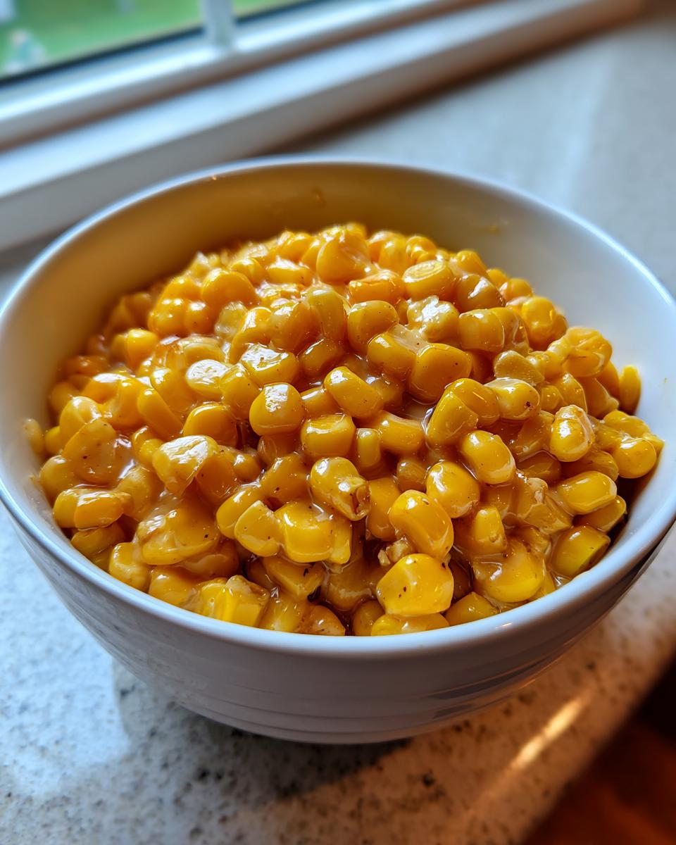 Close-up of a white bowl filled with creamy honey butter corn kernels, served indoors.
