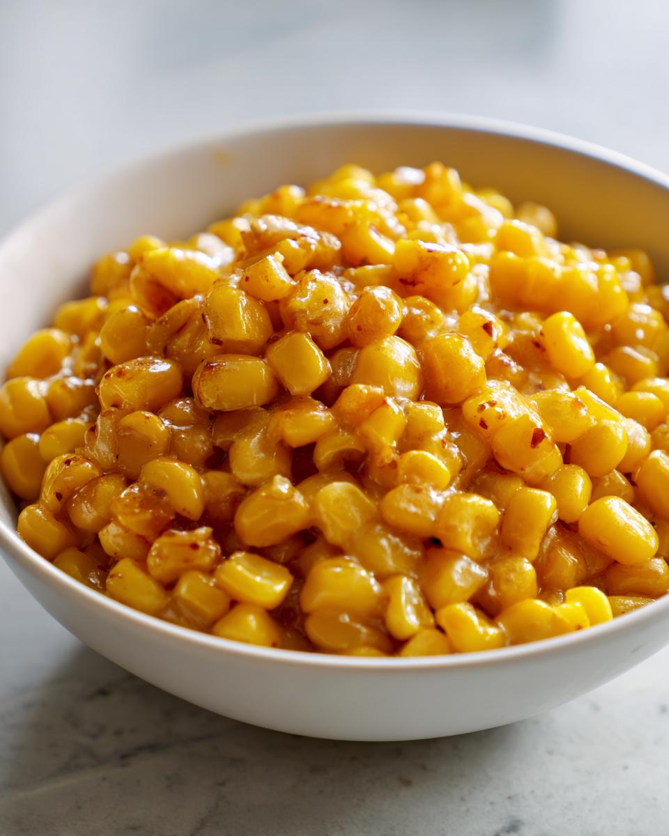 Close-up of creamy honey butter corn kernels coated in a glossy sauce, served in a white bowl.