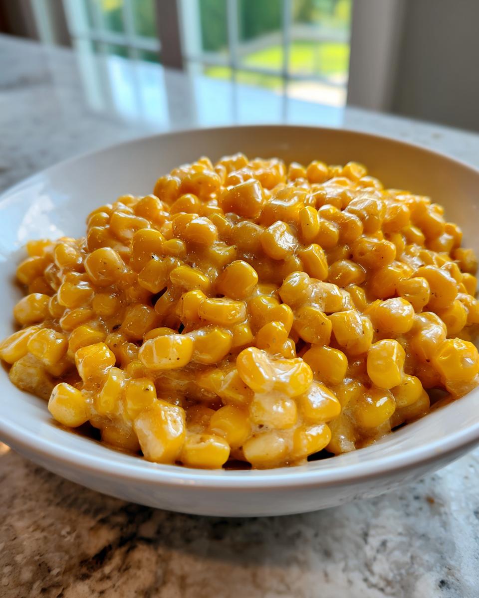 Close-up of creamy honey butter corn served in a white bowl on a granite countertop.