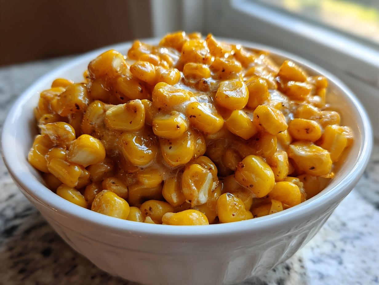 Close-up of creamy honey butter corn kernels coated in a rich sauce, served in a white bowl.
