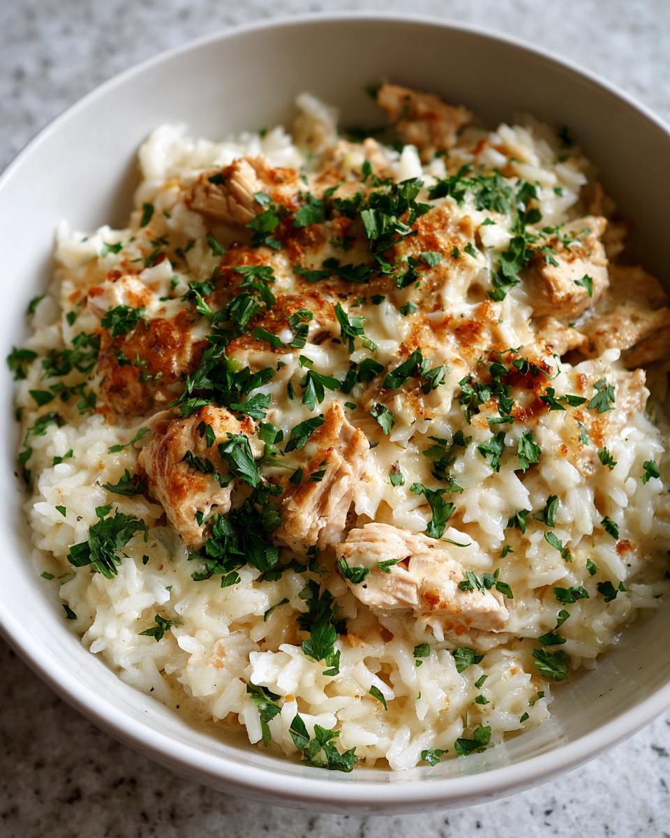 Close-up of creamy one pot chicken and rice topped with chopped parsley and paprika.