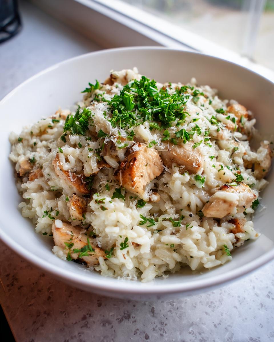 A close-up of a white bowl filled with creamy one pot chicken and rice, topped with grated cheese and fresh parsley.