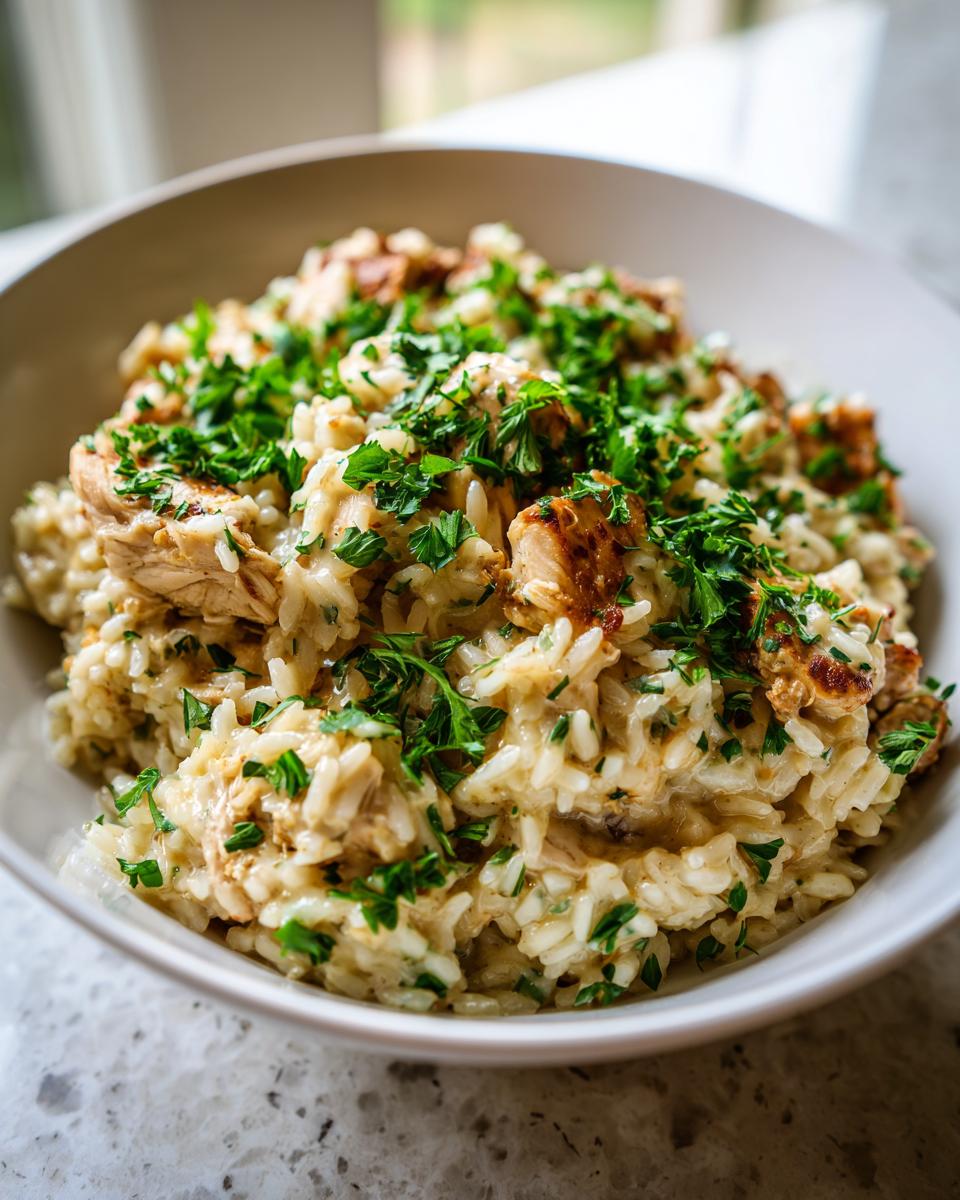 A close-up of a white bowl filled with creamy one pot chicken and rice, topped generously with fresh chopped parsley.