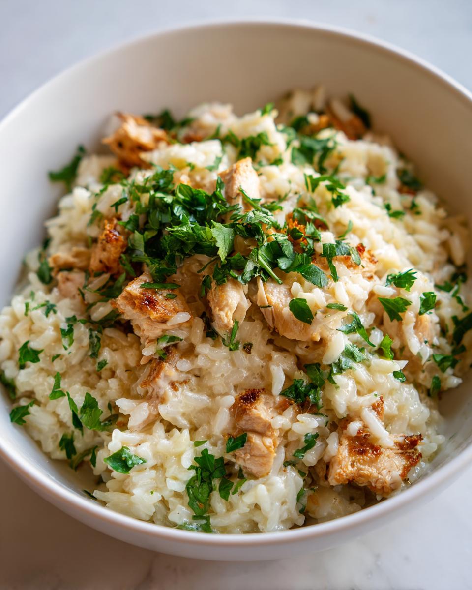 Close-up of creamy one pot chicken and rice topped generously with fresh chopped parsley.