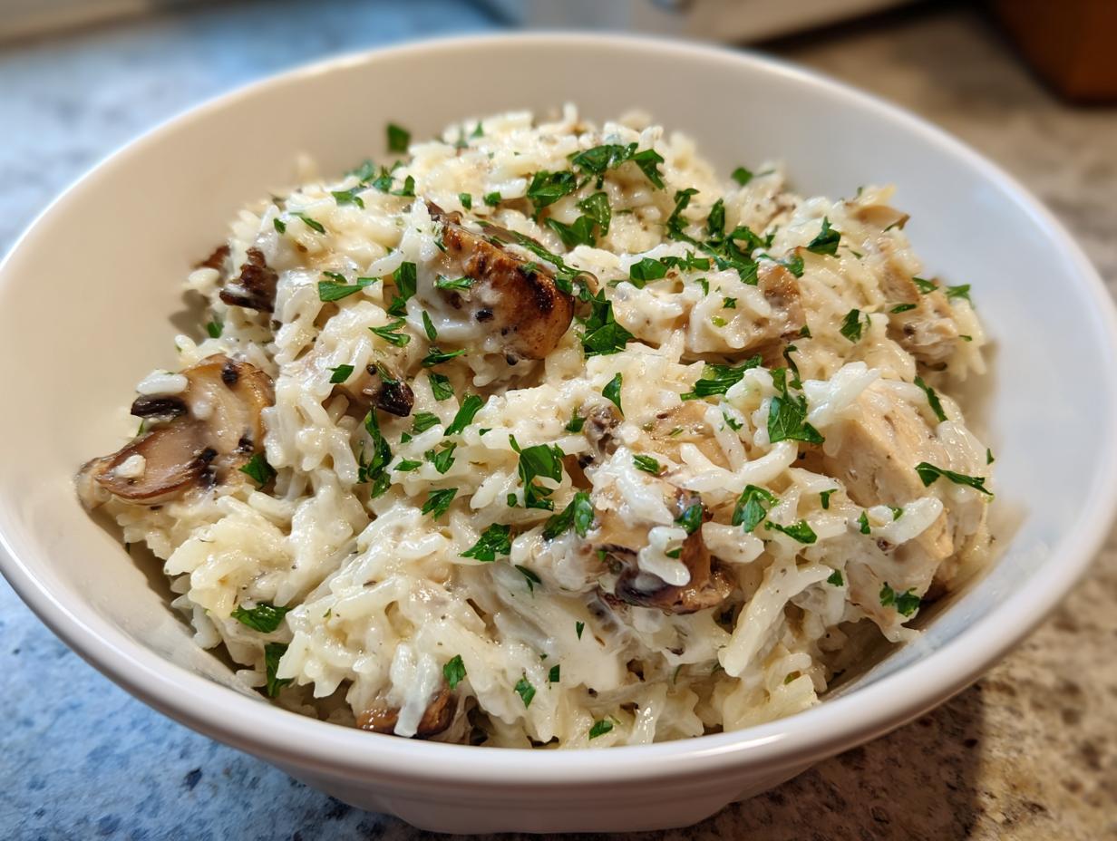 Close-up of a creamy one pot chicken and rice dish topped with fresh parsley in a white bowl.