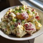 Close-up of creamy red potato salad chunks mixed with eggs and celery, garnished with dill.