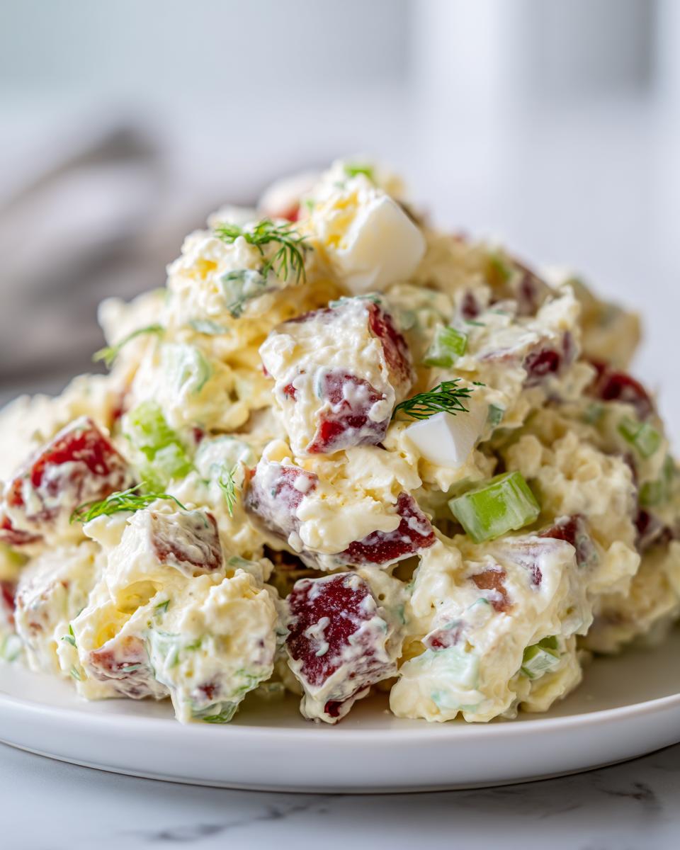 Close-up of a mound of creamy red potato salad mixed with chopped celery and hard-boiled egg pieces, garnished with dill.