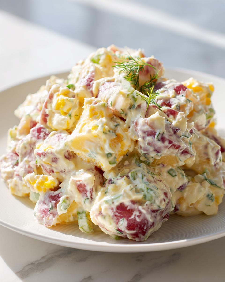 A close-up of a creamy mound of red potato salad mixed with dressing and green herbs, garnished with fresh dill.