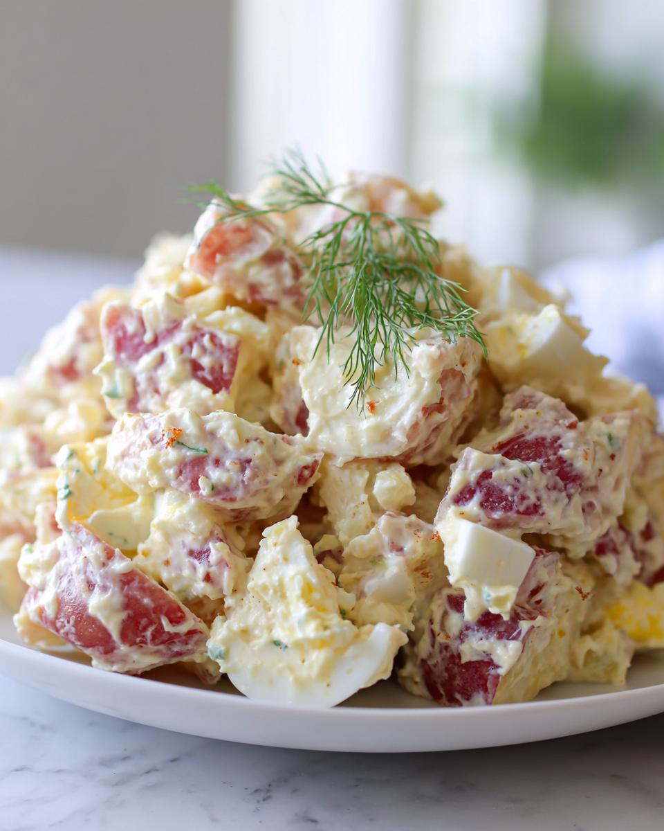Close-up of creamy red potato salad mixed with chopped eggs and topped with fresh dill.