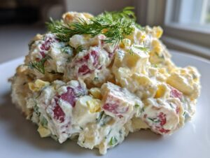 Close-up of a mound of creamy red potato salad mixed with eggs and topped with fresh dill.