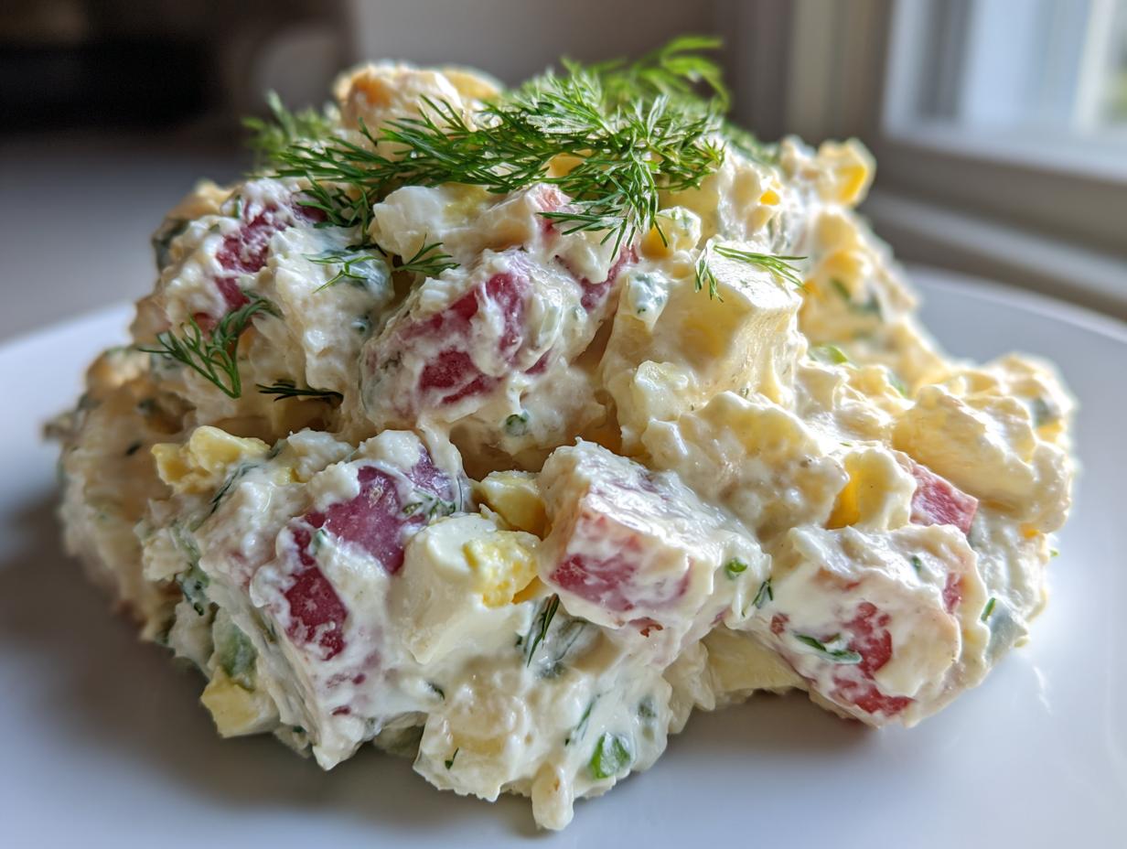 Close-up of a mound of creamy red potato salad mixed with eggs and topped with fresh dill.
