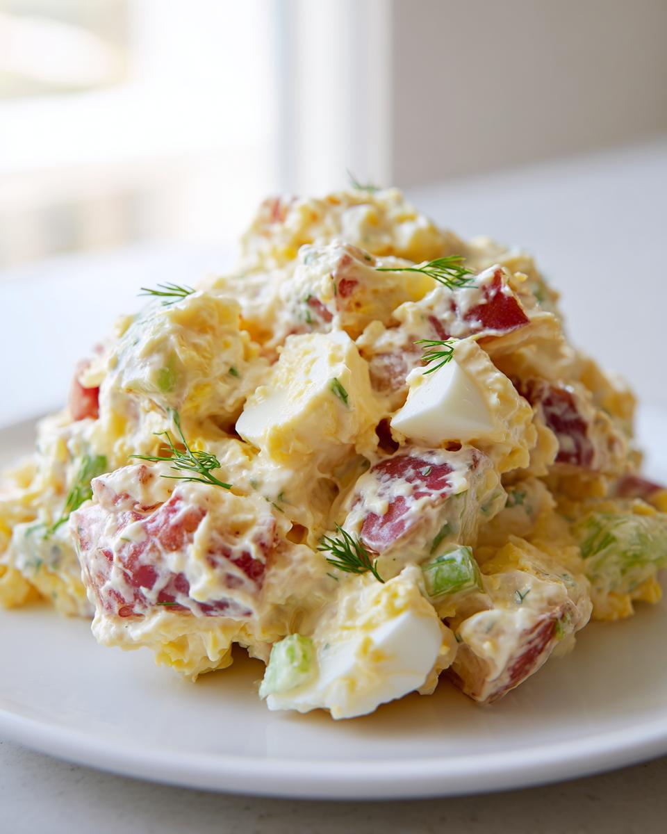 A mound of creamy red potato salad mixed with chopped hard-boiled eggs and celery, garnished with fresh dill sprigs.