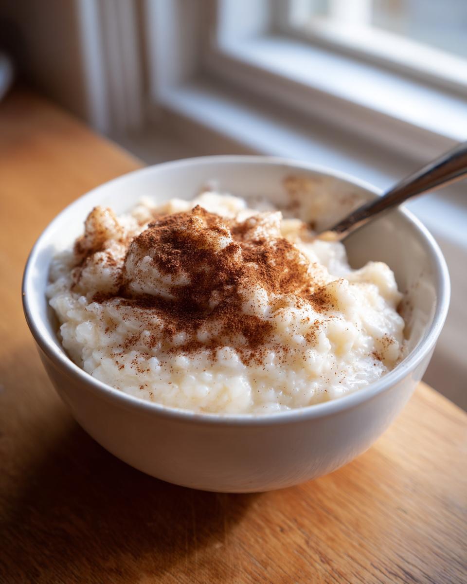 A close-up of creamy rice pudding served in a white bowl, generously topped with ground cinnamon.