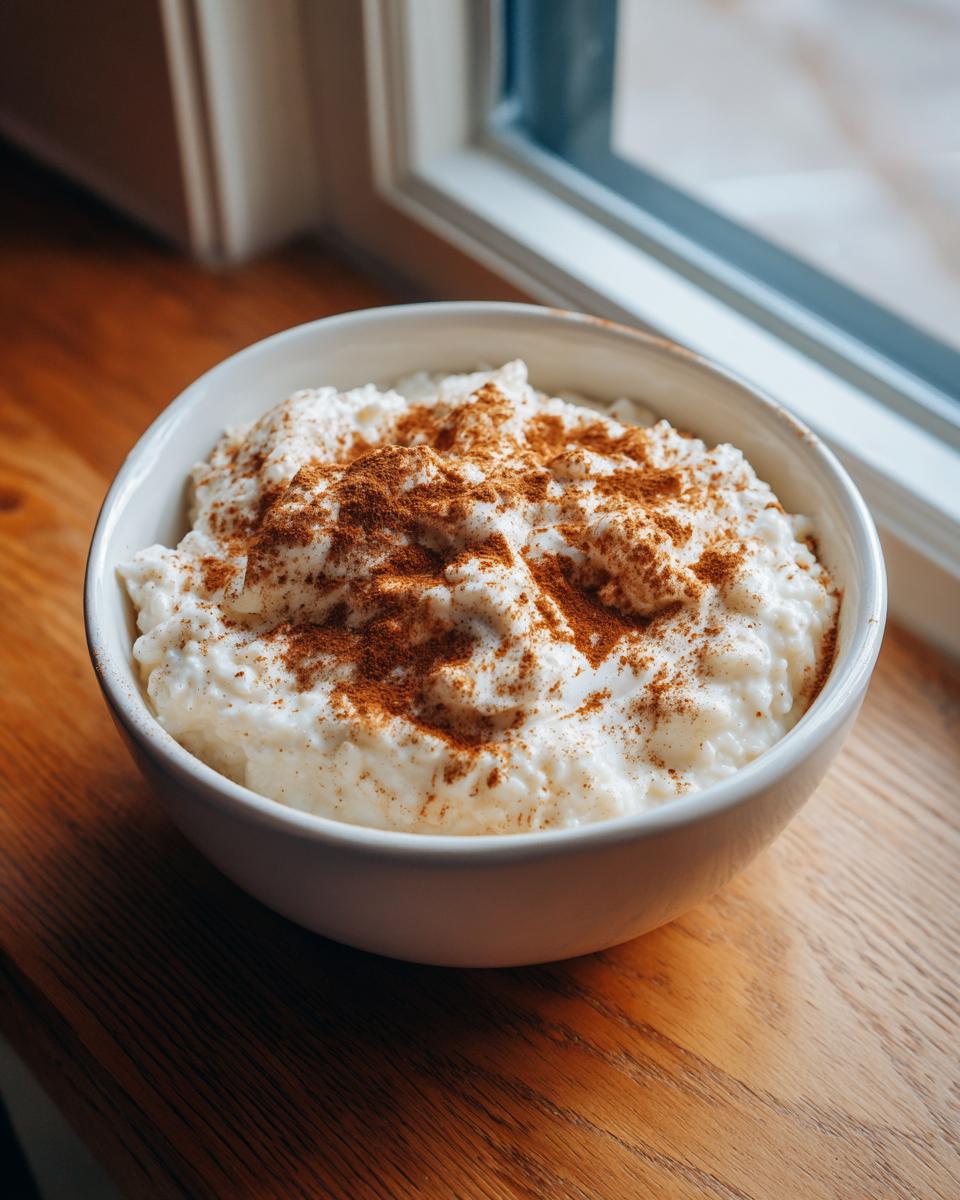A white bowl filled with creamy rice pudding generously dusted with ground cinnamon, set near a window.