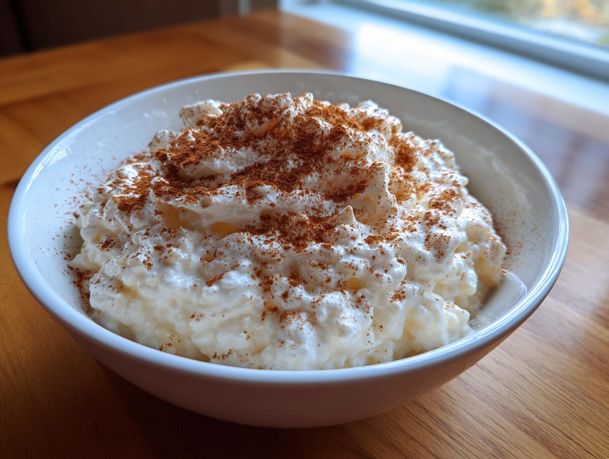 Close-up of a white bowl filled with creamy rice pudding generously topped with whipped cream and sprinkled cinnamon.