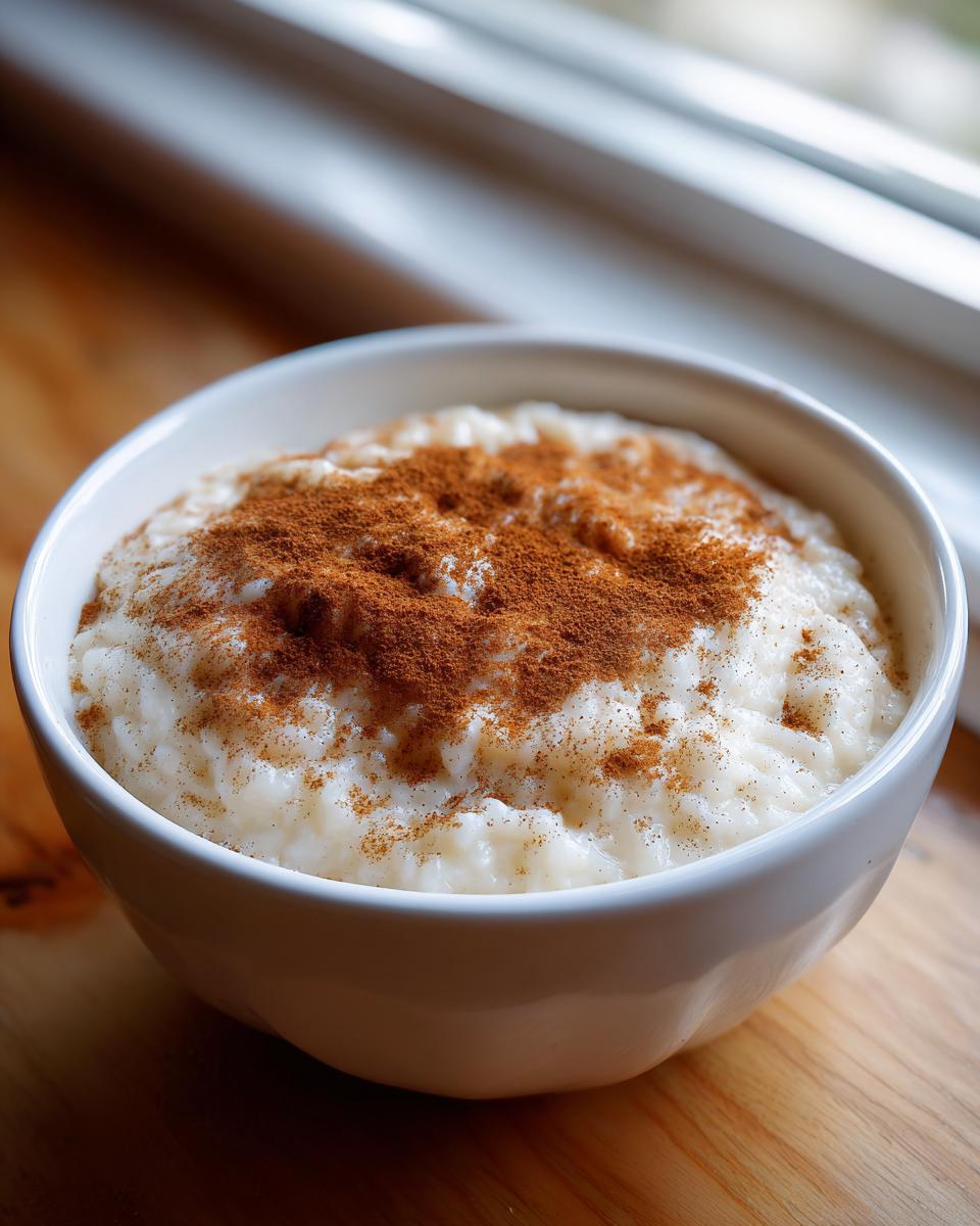 A close-up of creamy rice pudding in a white bowl, generously topped with ground cinnamon.
