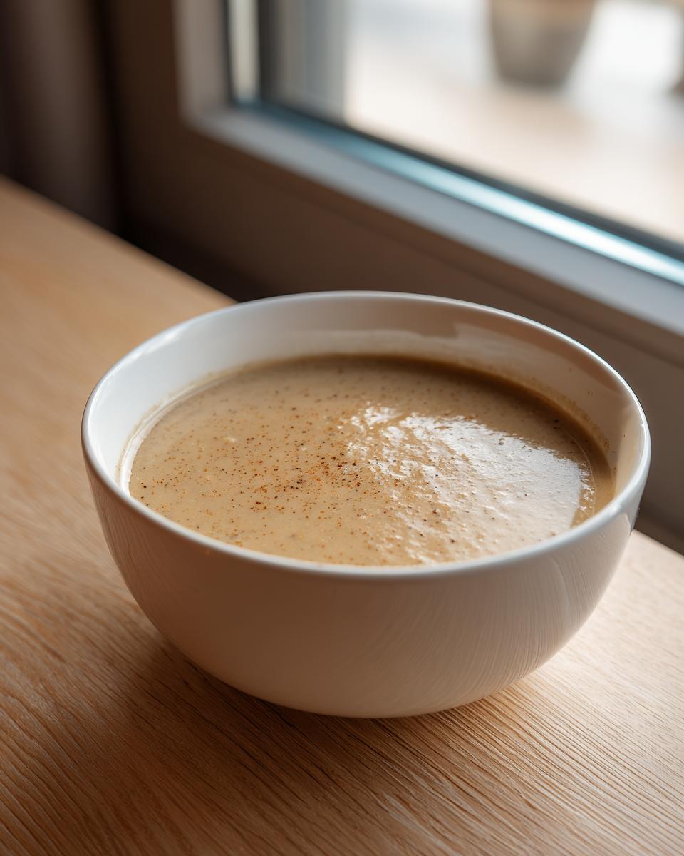A close-up of a creamy, beige roasted cauliflower soup, lightly seasoned with pepper, served in a white bowl on a wooden surface.