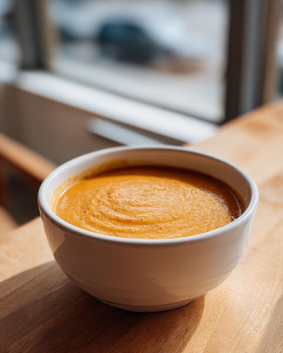 A close-up of a bowl of creamy, orange-hued roasted cauliflower soup sitting on a wooden surface near a window.